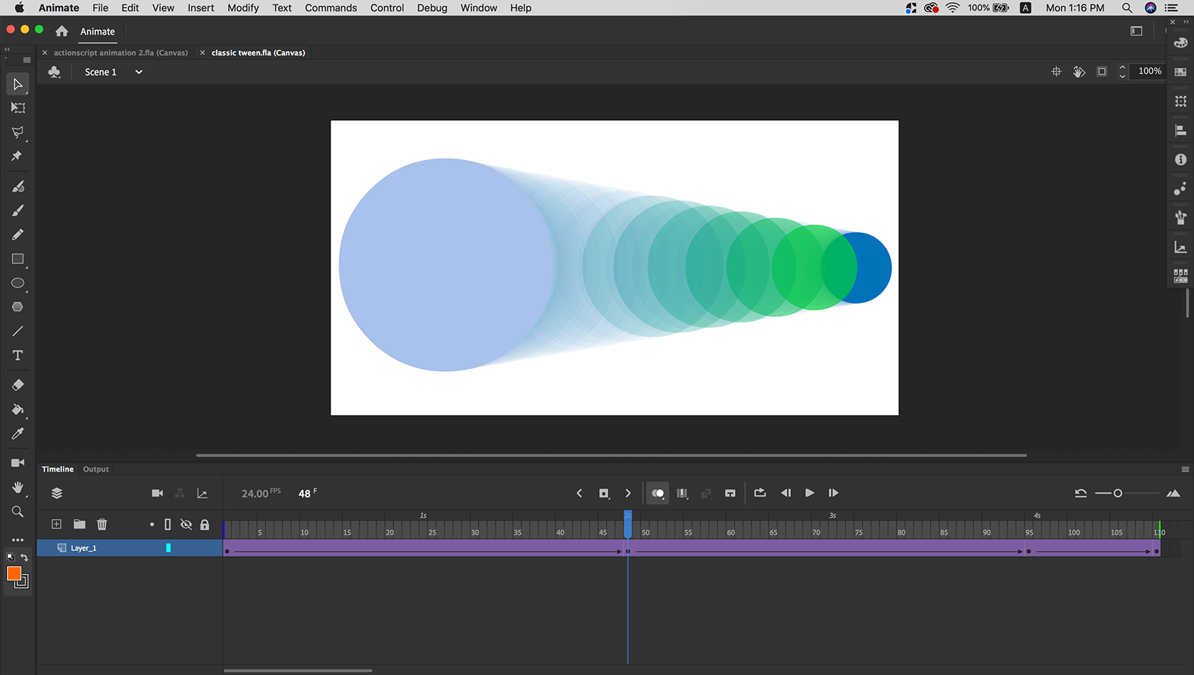 Left: tween animation; right: ActionScript-based animation